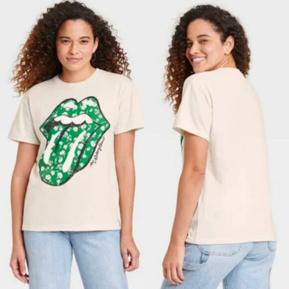 ☀️ ROLLING STONES Short Sleeve Shamrock Tee Shirts Cream Women's XS Band Graphic - Picture 1 of 4